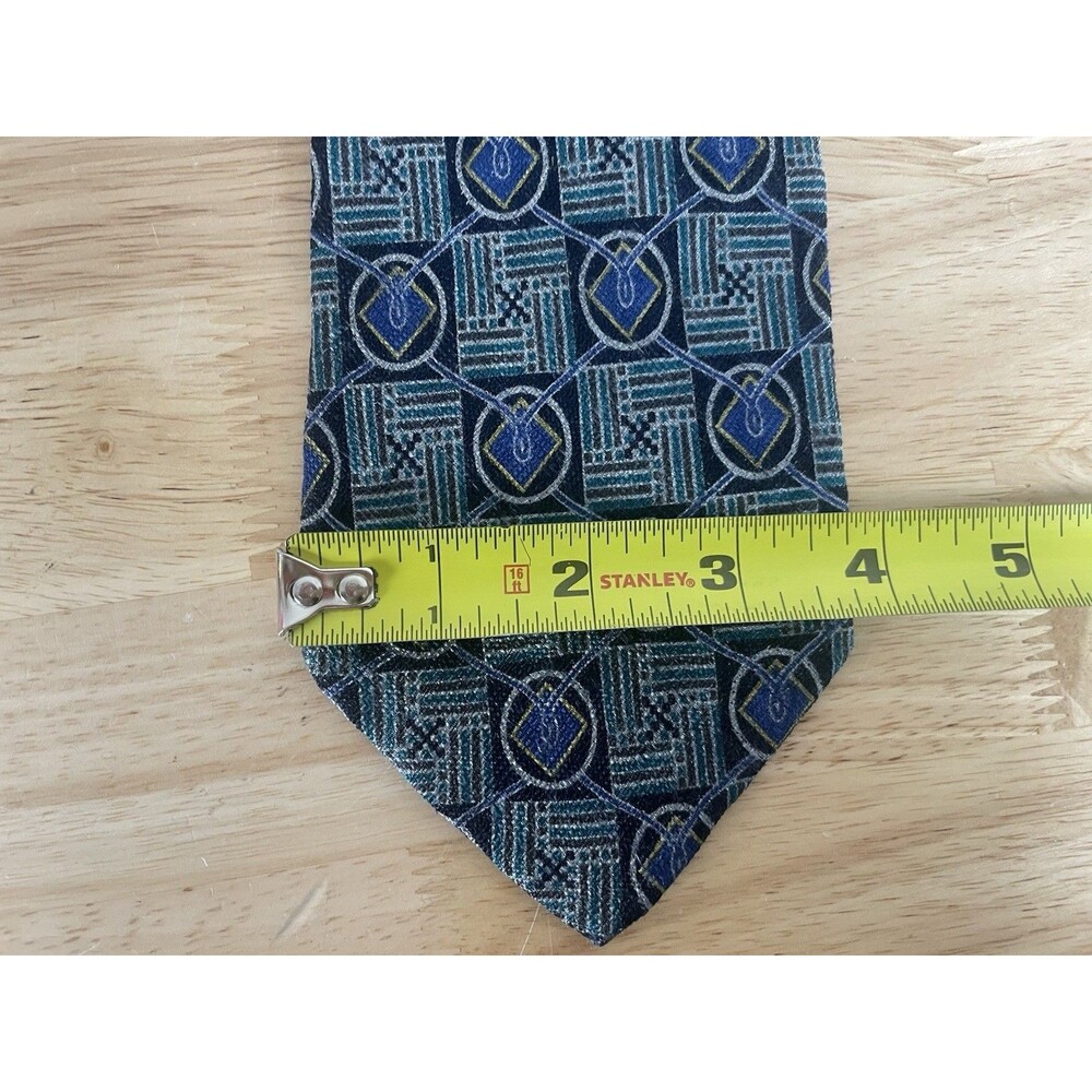 ERMENEGILDO ZEGNA Silk Necktie ITALY Luxury Geometric Blue Black White Teal - Picture 4 of 5